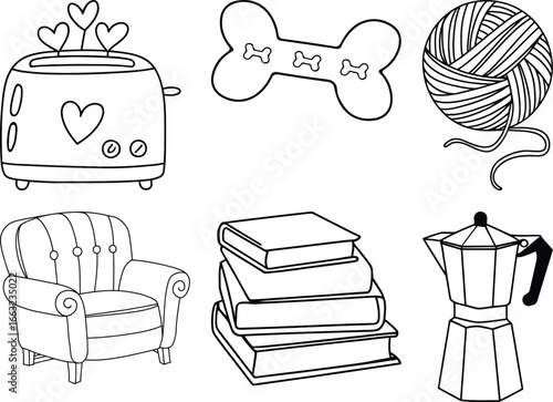 Charming hand-drawn collection of household items and pet accessories for cozy living white background