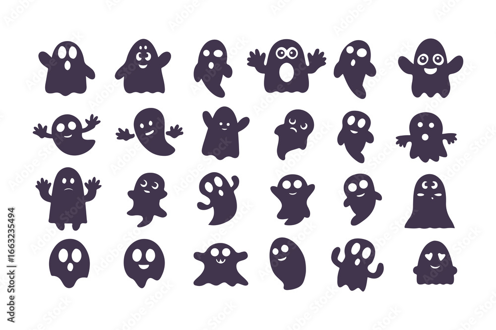 Obraz premium Set of Cute Ghost Icons. Collection of funny and spooky Halloween characters with various emotions and expressions. Flat design cartoon spirit silhouettes Vector illustration