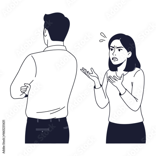 Disagreement in monochrome: A vector-style illustration depicts a tense moment, as two individuals engage in a conflict. One person turns away, while the other expresses frustration