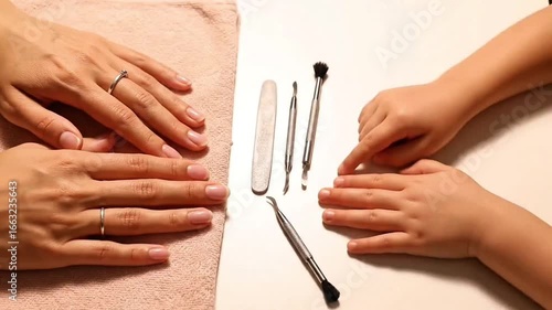 Mother Trimming Baby Nails with Small Nail Clipper. Gentle Baby Nail Care Close Up of Mother’s Hands. Realistic Family Hygiene: Baby Nail Trimming Macro. Safe Nail Care for Infant with Clipper.