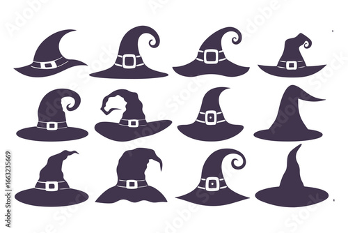 Witch Hat Silhouette Collection. Set of various spooky and magical pointed hats for Halloween. Vector wizard and sorceress cap icons isolated on white background.