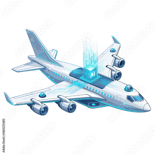 Futuristic AI-powered airplane with glowing circuit patterns and data streams.