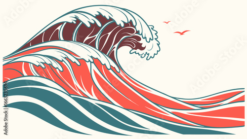 Illustration of stylized waves with red and brown colors and two birds flying in the background created with generated ai
