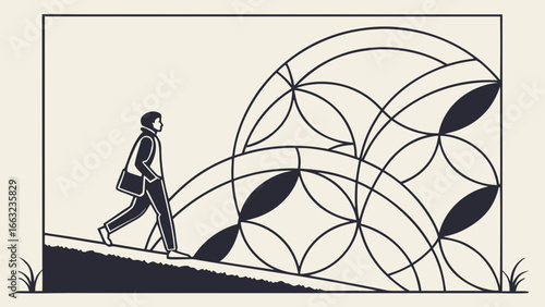 Illustration of a person walking uphill with geometric circle design in the background vector art created with generated ai