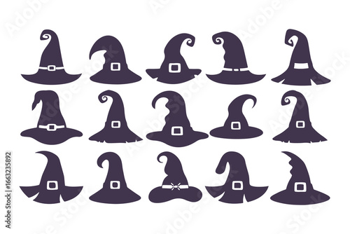 Witch Hat Silhouette Collection. Set of various spooky and magical pointed hats for Halloween. Vector wizard and sorceress cap icons isolated on white background.