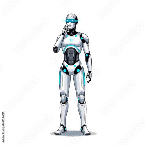 Futuristic humanoid robot with glowing blue accents and visor.