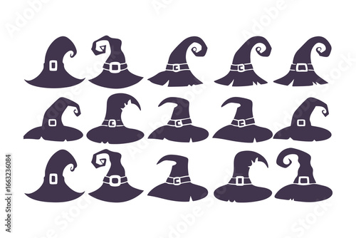 Witch Hat Silhouette Collection. Set of various spooky and magical pointed hats for Halloween. Vector wizard and sorceress cap icons isolated on white background.