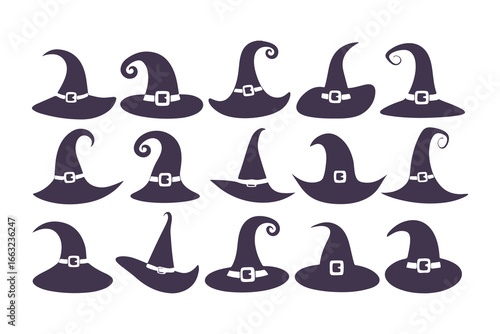 Witch Hat Silhouette Collection. Set of various spooky and magical pointed hats for Halloween. Vector wizard and sorceress cap icons isolated on white background.