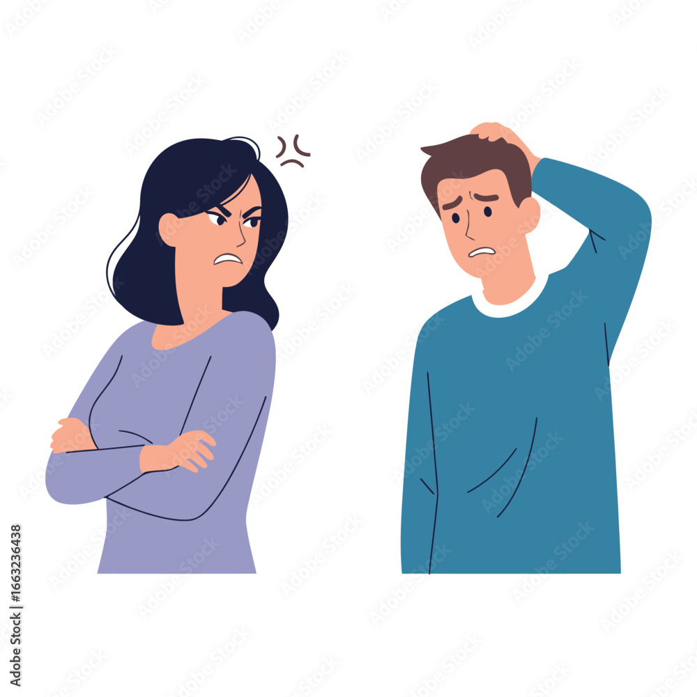 Fototapeta premium Conflict and Confusion: Two figures express frustration, with the woman displaying anger and the man exhibiting confusion, highlighting the complexities of disagreement and misunderstanding.