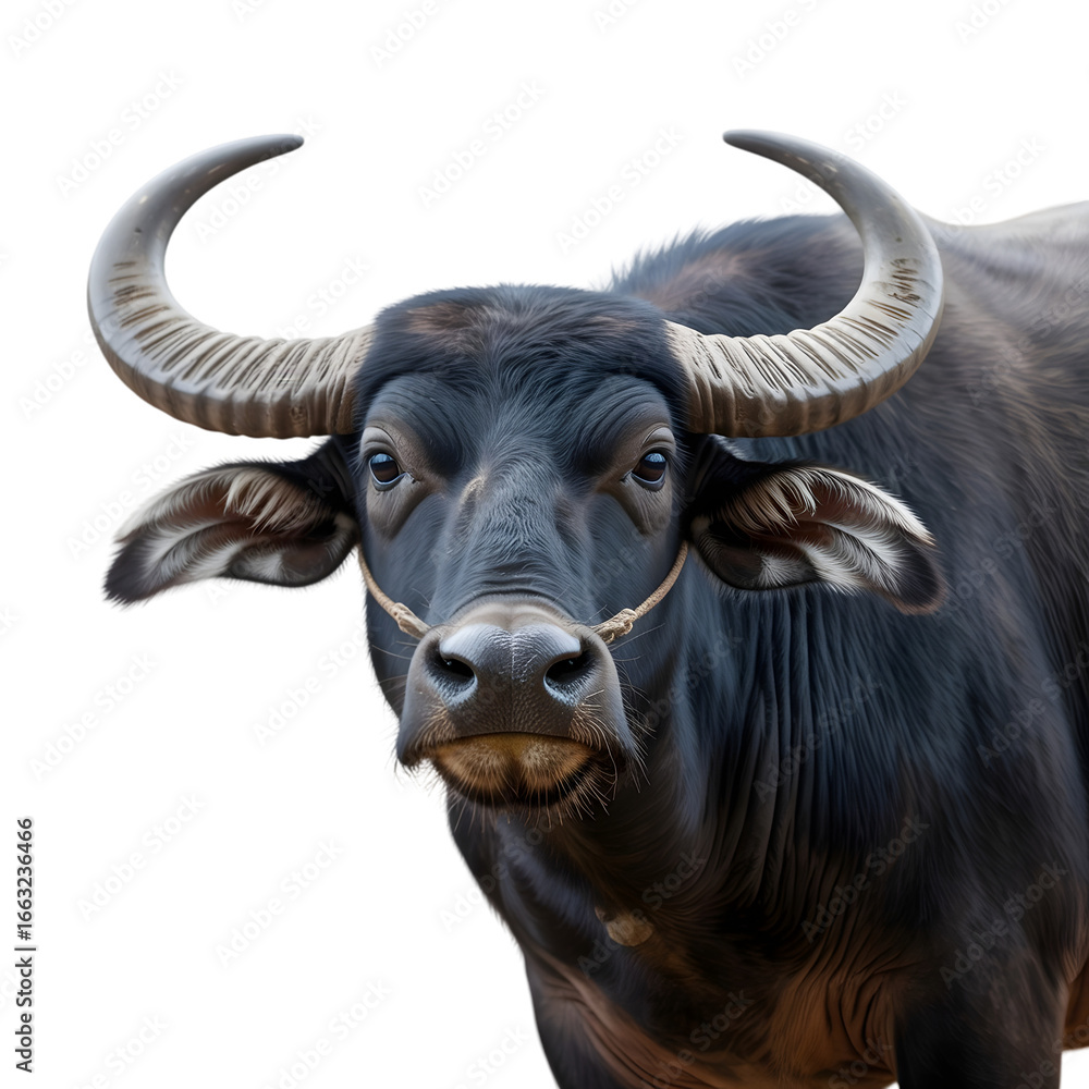 Naklejka premium Majestic water buffalo with impressive horns evokes rural strength and agricultural heritage