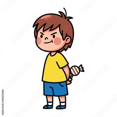 Sweet Secret: A charming cartoon illustration of a young child gleefully concealing a candy, radiating a mischievous air and childlike delight.