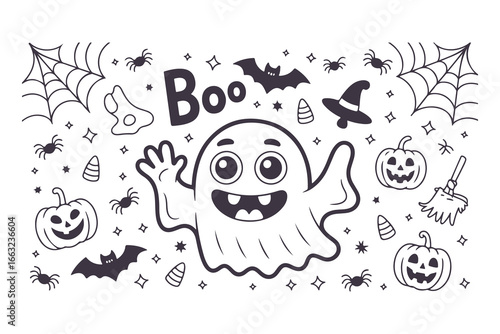 Hand-Drawn Halloween Doodle Set. Cute cartoon illustration with jack-o'-lantern pumpkin, friendly ghosts, bat, and witch hat. Black and white line art for coloring page or holiday design. Vector eleme