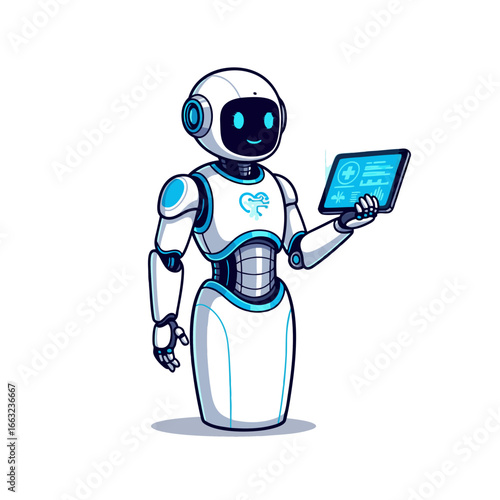 Friendly Female Medical Robot Holding Digital Tablet.