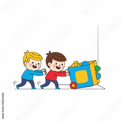 Cheerful Handdrawn Happy Children Pushing Toy Cart Illustration