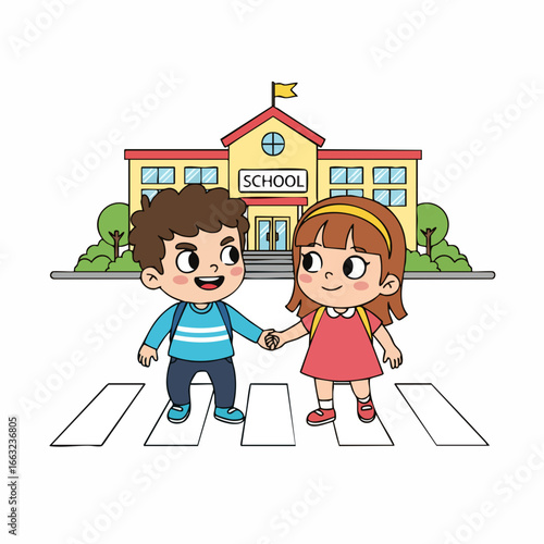 Colorful Flat Illustration of School Children Crossing Zebra Crossing Art