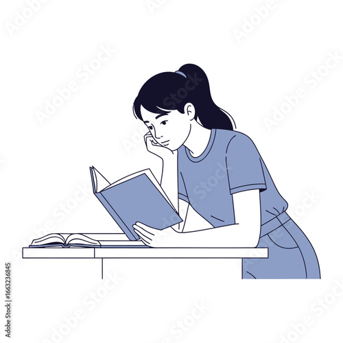 Captivated Reader: A young woman engrossed in a book, finding solace in words. It is a testament to the power of literacy, with a feeling of wonder.