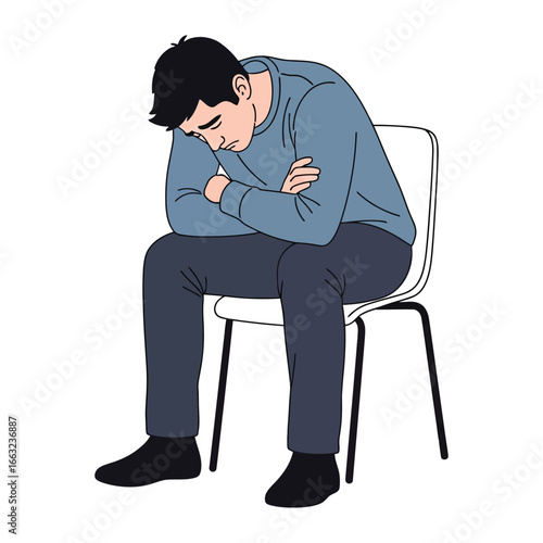 Melancholy Thought: A man sits hunched over on a chair, lost in thought, depicting feelings of sadness and contemplation.