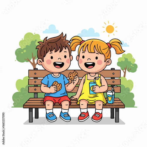 Cartoon Style Smiling Children Sharing Cookie on Bench in Park Illustration