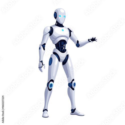 Sleek White Robot with Blue Accents Standing Tall.