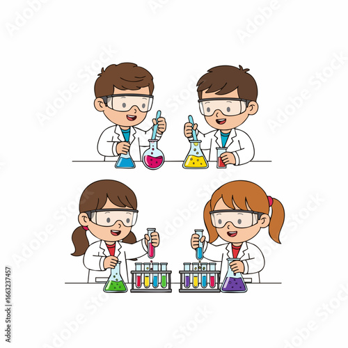 Cute Handdrawn Cartoon Scientists Children Doing Science Experiment Illustration