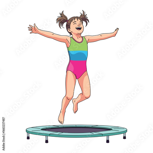 Joyful Bounce on the Trampoline: A cheerful child bounces with unrestrained glee on a trampoline, arms outstretched. Witnessing an exuberant moment of pure happiness in illustration. 