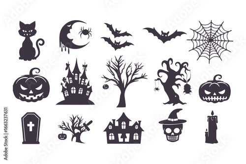 Halloween Spooky Silhouette Icon Set. Collection of black vector graphic elements including cat, pumpkin, haunted house, skull, bats, spider web, and spooky tree. Scary holiday clip art isolated on wh