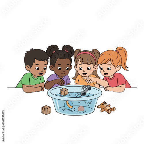 Cartoon Cheerful Children Exploring Floating Object Science Experiment Illustration