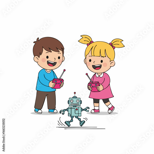Cheerful Handdrawn Illustration of Children Playing with a Remote Control Robot Toy