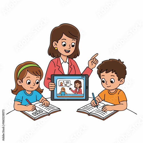 Cartoon Style Cheerful Teacher Assisting Children During Online Lesson Illustration