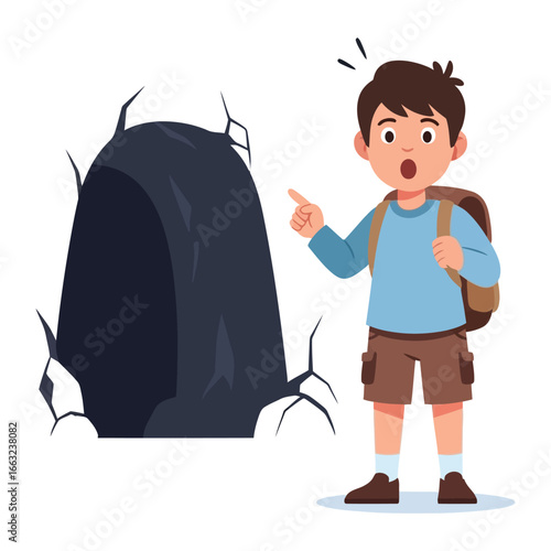 Curiosity in the cave: Young adventurer, backpack in tow, points with a mixture of wonder and concern at a mysterious cave entrance, inviting the viewer to explore the unknown