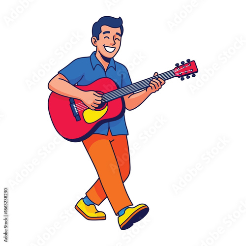 Guitarist’s Joyful Strum: A vibrant cartoon depicts a man immersed in the music, joyfully playing the acoustic guitar, showcasing passion and talent for music performance.