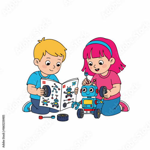 Cartoon Style Two Children Playing Toy Robot with Instruction Illustration