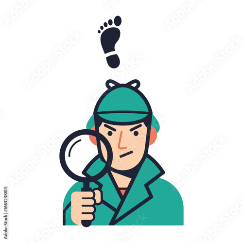 Detective's Investigation: An illustration of a focused detective, equipped with magnifying glass and hat, is intently studying a footprint.