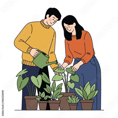 Gardening Together: A couple shares a tender moment, cultivating their own plants and cultivating love. In a bright illustration, the pair is nurturing their garden.