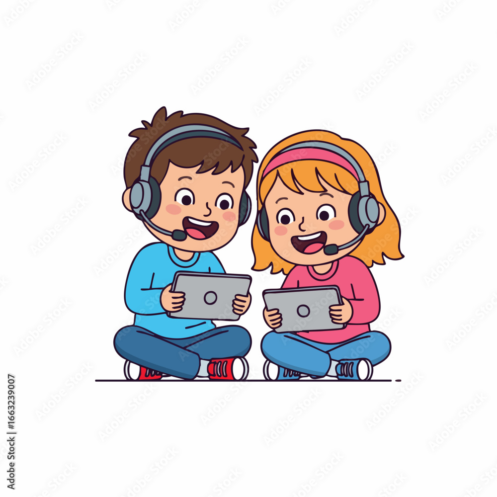 Cheerful Flat Illustration of Children Playing Game on Tablet Technology Cheerful Flat Illustration of Children Playing Game on Tablet Technology