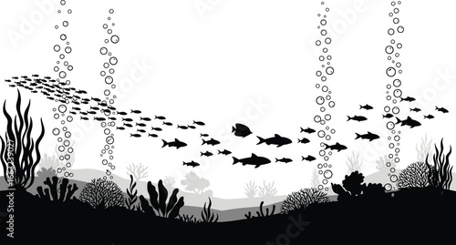 Underwater scene with silhouette of fish swimming through seaweed and bubbles