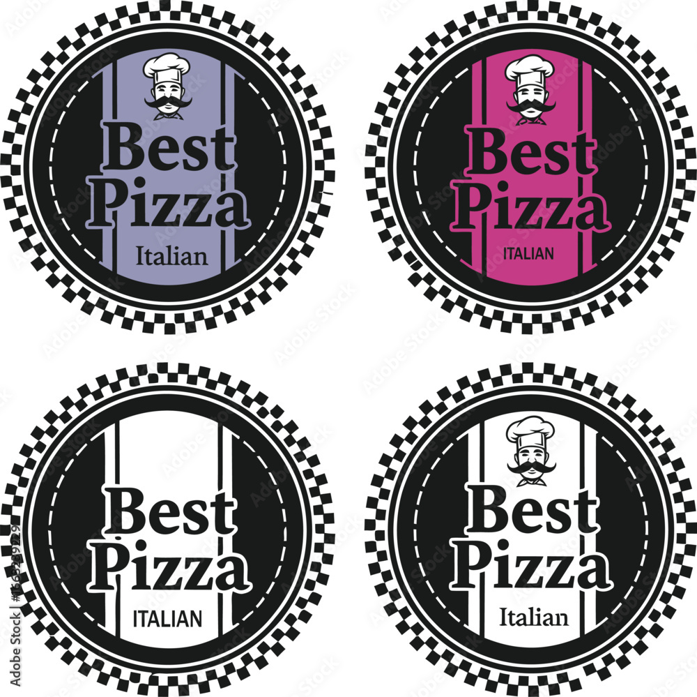 Obraz premium Four circular pizza labels with checkered borders and best pizza text