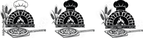 Three rustic brick ovens with wheat stalks and pans of grains