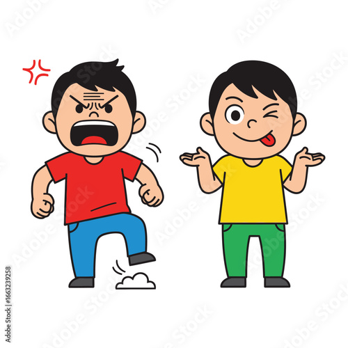 Illustration of Boy's Troubles: Capturing the emotional spectrum with an illustration of one boy's outburst and other's silly behaviour, exploring themes of anger and lightheartedness.