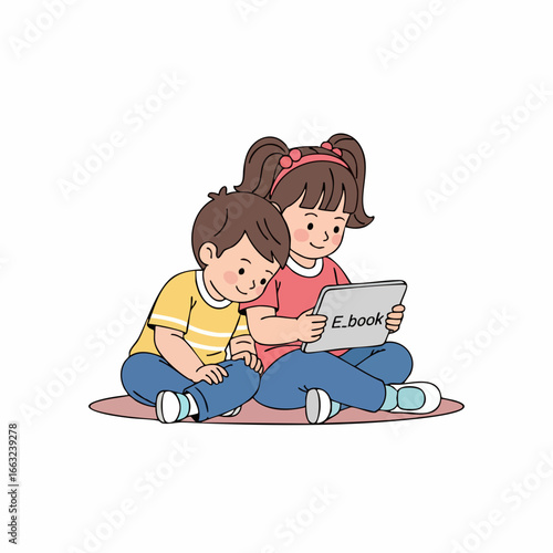 Cute Handdrawn Children Using Tablet Together for Educational Purposes Illustration