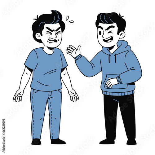 Animated Conflict: Two animated figures engage in a dialogue of frustration, with one expressing a spectrum of annoyance, while the other tries to reassure