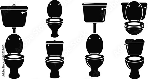 Collection of eight black toilet silhouettes with open and closed lids