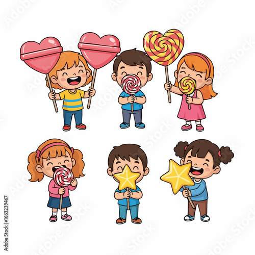 Cute Handdrawn Children Enjoying Colorful Sweet Lollipop Illustration Set