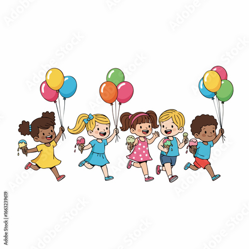Cheerful Handdrawn Group of Children Running with Balloons Illustration