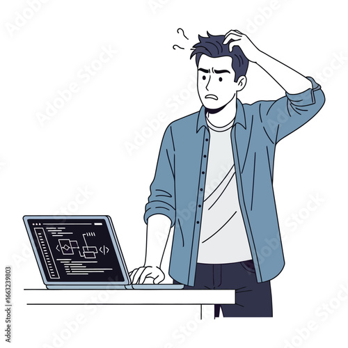Digital Dilemma: A frustrated programmer grappling with complex coding challenges, his furrowed brow and bewildered expression captured as he stares at lines of code.