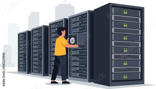 Technician installing hardware into a server rack in a data center.