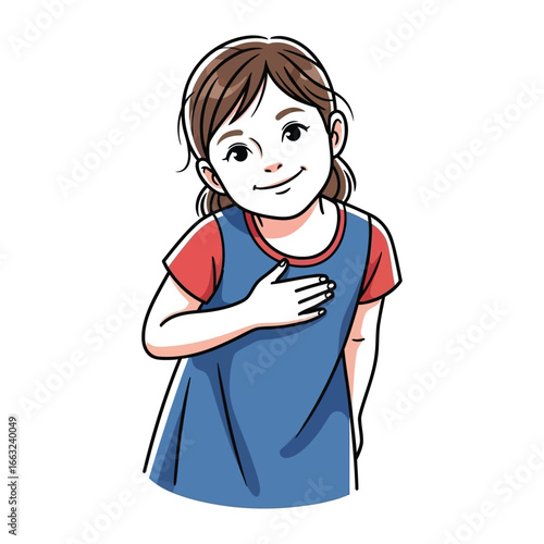 Smiling Girl with Hand on Heart: A cheerful young girl, radiating positivity, places a hand over her heart in a gesture of sincerity and contentment, expressing gratitude and warmth.