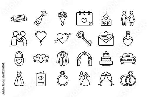 Wedding & Love Vector Icon Set. Just Married, Heart, Bouquet, Cake, Ring, Couple, Key, Lock, and More. Editable Stroke. Vector Illustration for Wedding, Romance, and Celebration Themes.