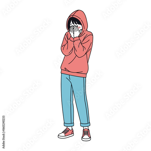 Shy Person in hoodie: A young person, swathed in a comforting hoodie, covers their face with their hands, embodying a gentle, soft emotion.
