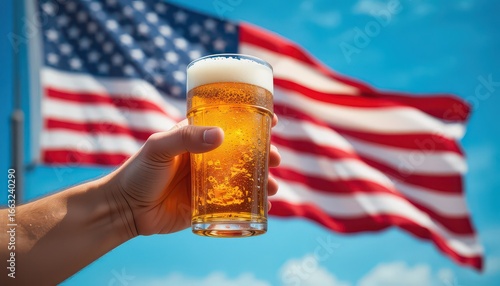 A hand holding a glass of beer with the american flag waving in the background on a sunny day